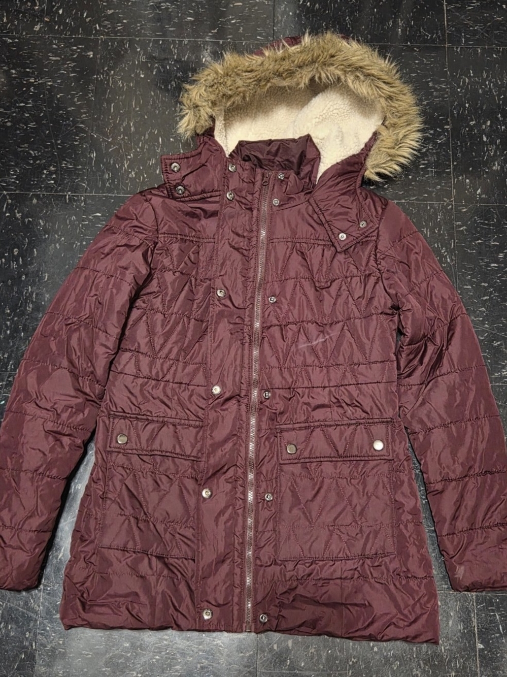 Arizona Jean Company Women's Burgundy Hooded Puffer with Faux-Fur Trim